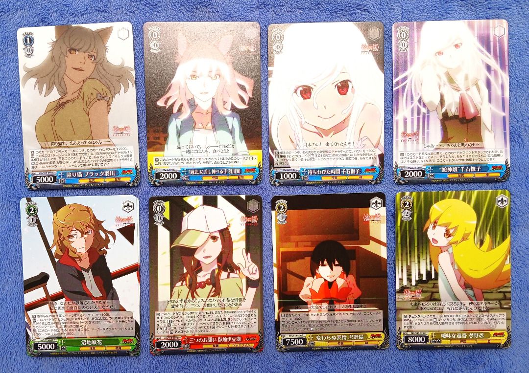 Bakemonogatari Monogatari Series Weiss Schwarz JP Set 1 (Category: Raw Singles) located in Iloilo. Submitted by jrmagallanes78 (Listing ID 1447495484, Image 3). Description: Set of 22 cards from Weiss Schwarz JP Angel Beats anime. Cards are UNSEALED and in mostly in VERY GOOD condition. Rarity: 13 N/TD, 3 U, 6 CC Colors: BLU 8, GRN 5, RED 5, YEL 4 Dimensions: approx 63mm x 88mm Material: paper Card condition grading: EXC (EXCEPTIONAL) - unsealed 