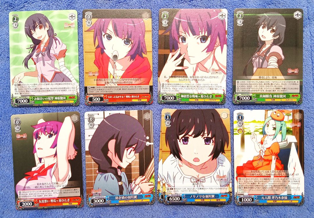 Bakemonogatari Monogatari Series Weiss Schwarz JP Set 1 (Category: Raw Singles) located in Iloilo. Submitted by jrmagallanes78 (Listing ID 1447495484, Image 2). Description: Set of 22 cards from Weiss Schwarz JP Angel Beats anime. Cards are UNSEALED and in mostly in VERY GOOD condition. Rarity: 13 N/TD, 3 U, 6 CC Colors: BLU 8, GRN 5, RED 5, YEL 4 Dimensions: approx 63mm x 88mm Material: paper Card condition grading: EXC (EXCEPTIONAL) - unsealed 