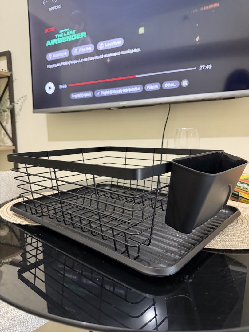 Black Metal Dish Rack with Utensil Holder (Category: Other Kitchenware & Tableware) located in Manila. Submitted by eyngel9657 (Listing ID 1447506367, Image 1). Description: Bought last June 2026 and only used for almost 1 week but barely placed anything RFS: too big for my sink - Sleek black metal dish rack - Includes a removable utensil holder for easy cleaning - Grooved tray for efficient water drainage - Perfect for organizing your kitchen si