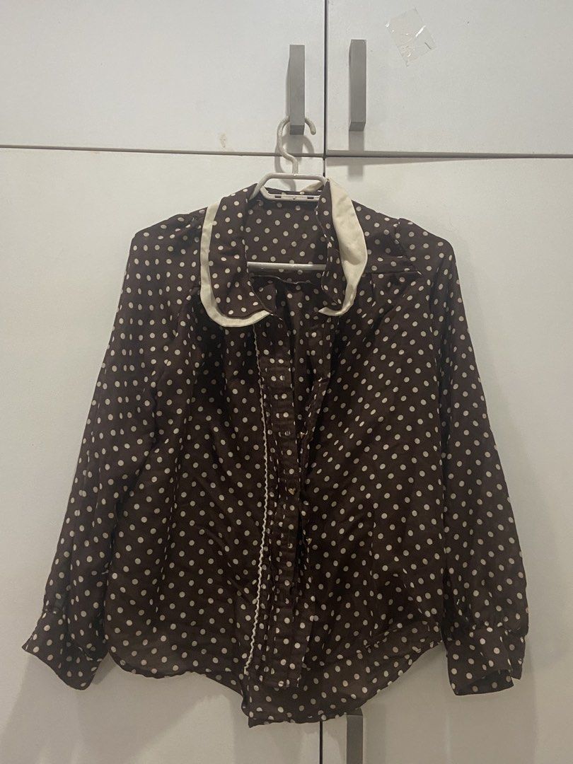 brown polka dots long sleeves polo (Category: Blouses) located in Marikina City. Submitted by scarkiv (Listing ID 1447656447, Image 1). Description: .