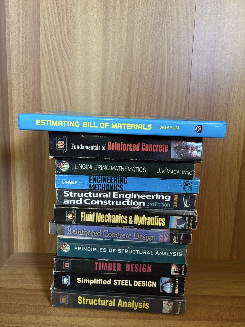 Bundle of Civil Engineering Books - Various Authors (Category: Textbooks) located in Vigan. Submitted by aizyyy09 (Listing ID 1447475339, Image 1). Description: - 1000 take all Bundle of Civil Engineering Textbooks - Titles include: Estimating Bill of Materials, Reinforced Concrete, Engineering Mathematics, Engineering Mechanics, Structural Engineering and Construction, Fluid Mechanics & Hydraulics, Reinforced Concrete Design, Principles of Struc