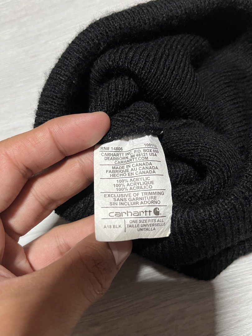 Carhartt Black Acrylic Beanie Hat (Category: Caps & Hats) located in Manila. Submitted by jorgemabelin2001 (Listing ID 1447491063, Image 3). Description: - Classic black Carhartt beanie - Made from 100% acrylic - One size fits all - Ideal for keeping warm - Easy to style with any outfit - Care instructions: Hand wash recommended, dry clean only, do not bleach.