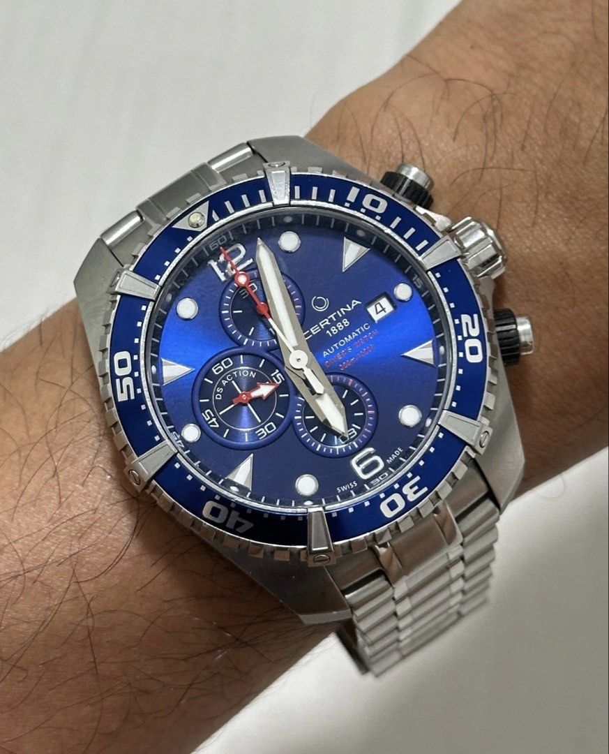 Certina automatic chronograph divers (Category: Men's Watches) located in San Jose. Submitted by ardudz24 (Listing ID 1447584098, Image 1). Description: Certina DS Action Divers Automatic Chronograph Blue -ref. C032427 A -automatic (cal. C01.211) -45mm case size -blue super luminova dial -automatic chronograph Watch only 8.5/10 condition(light hairline scratches on the bracelet/case) .