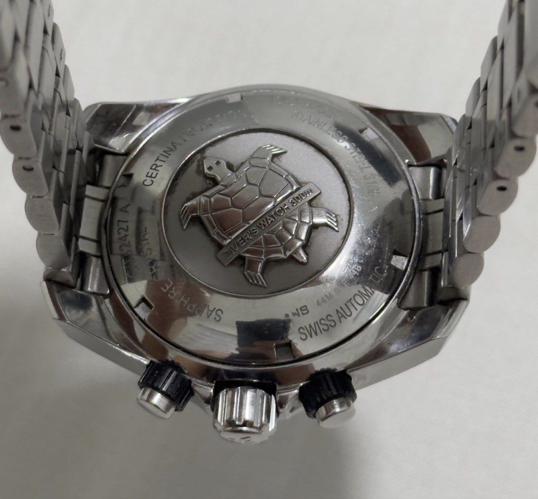 Certina automatic chronograph divers (Category: Men's Watches) located in San Jose. Submitted by ardudz24 (Listing ID 1447584098, Image 3). Description: Certina DS Action Divers Automatic Chronograph Blue -ref. C032427 A -automatic (cal. C01.211) -45mm case size -blue super luminova dial -automatic chronograph Watch only 8.5/10 condition(light hairline scratches on the bracelet/case) .
