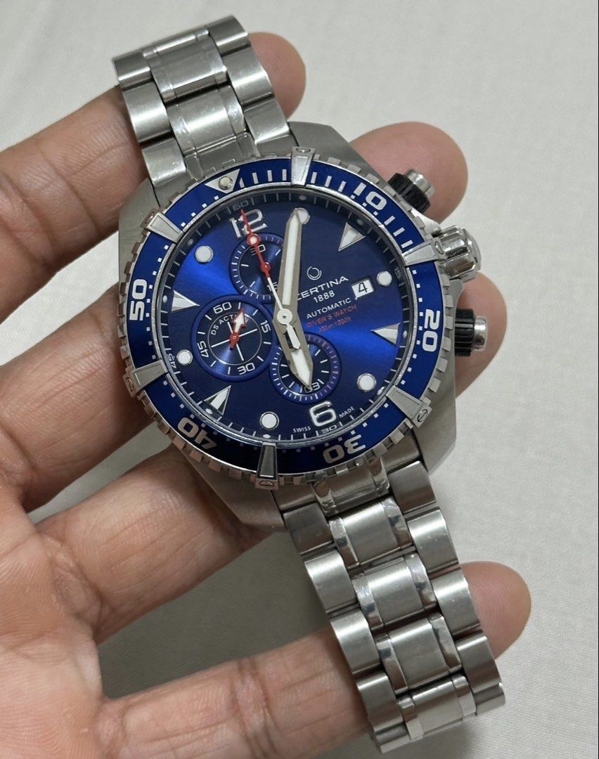 Certina automatic chronograph divers (Category: Men's Watches) located in San Jose. Submitted by ardudz24 (Listing ID 1447584098, Image 2). Description: Certina DS Action Divers Automatic Chronograph Blue -ref. C032427 A -automatic (cal. C01.211) -45mm case size -blue super luminova dial -automatic chronograph Watch only 8.5/10 condition(light hairline scratches on the bracelet/case) .