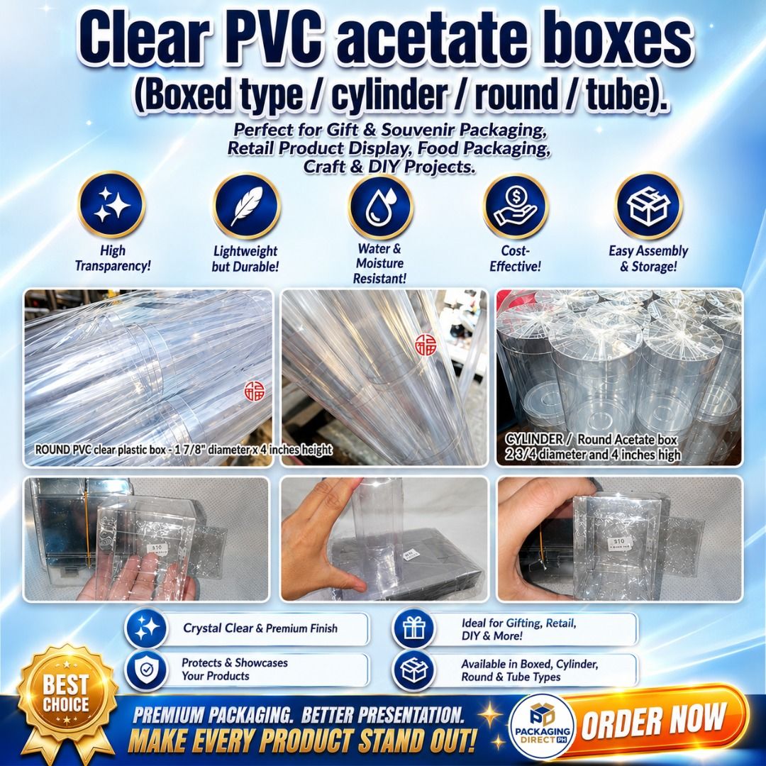 Clear Acetate Boxes / Clear PVC packaging (Category: Storage Boxes & Baskets) located in Manila. Submitted by golden888onlineshop (Listing ID 1447502198, Image 1). Description: 💙 Clear Acetate Boxes / Clear PVC packaging Transparent, lightweight containers used widely for retail display, gifting, and organization. Flat-folding rectangular shapes, cubes, and rigid cylinder tubes. Uses: ✅ Retail & Product Packaging: Excellent for showcasing items 