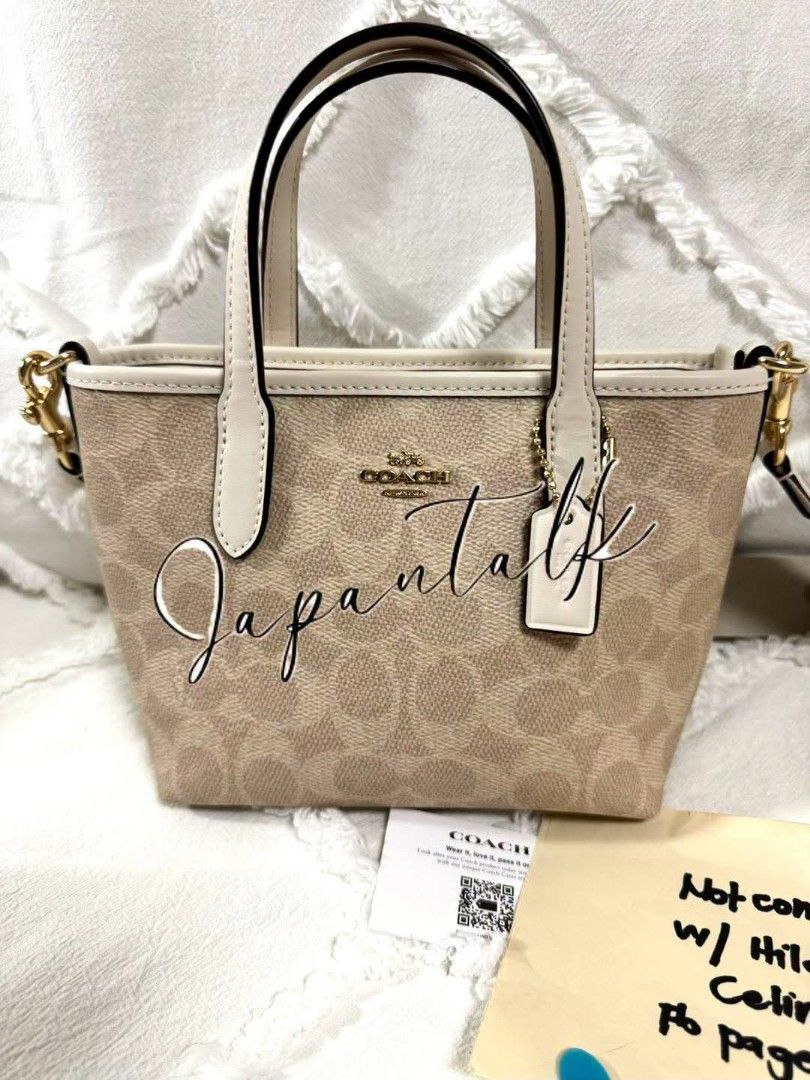 Coach Signature Canvas Mini Tote Bag (Category: Luxury Bags & Wallets) located in Bulacan. Submitted by vintage_purge (Listing ID 1447524133, Image 1). Description: - Coach mini tote bag - Signature canvas in beige and cream - Top handles - Detachable crossbody strap - Gold hardware details - Includes Coach tag - Ideal for everyday use.