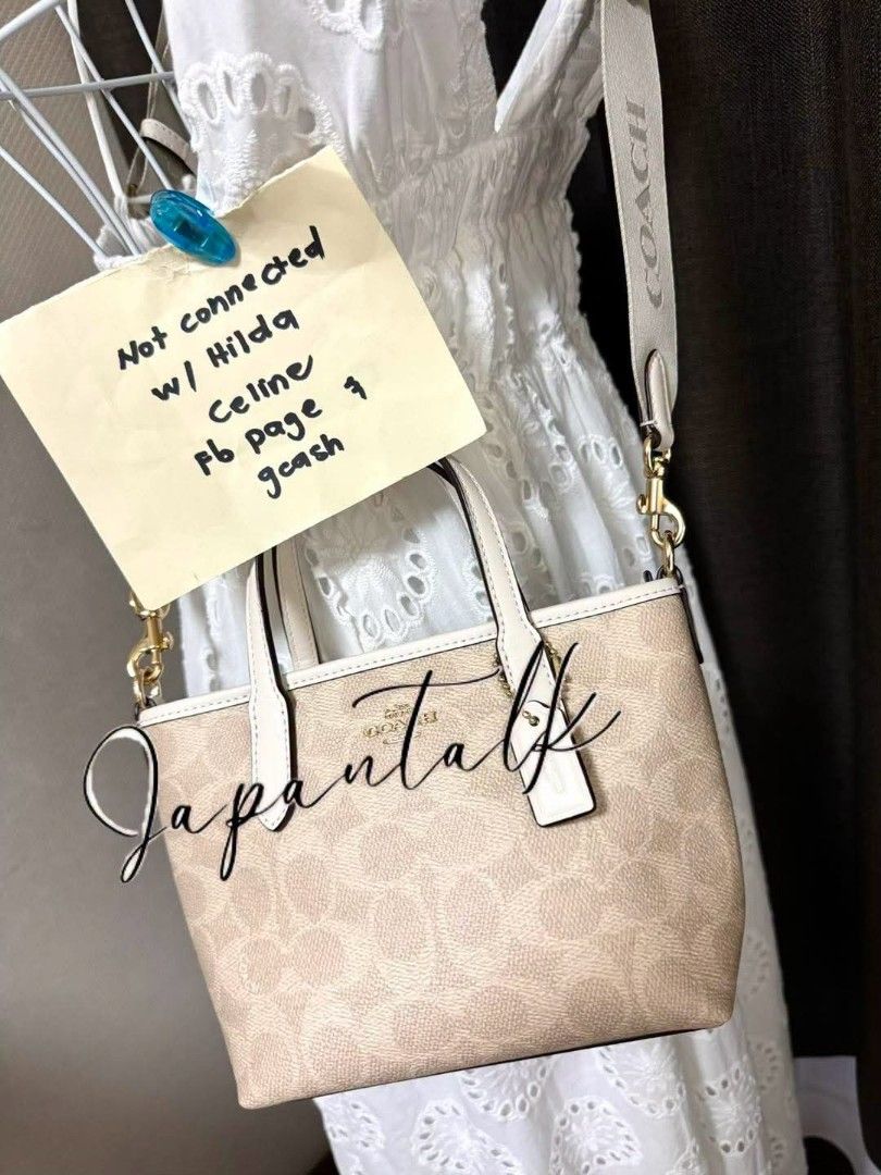 Coach Signature Canvas Mini Tote Bag (Category: Luxury Bags & Wallets) located in Bulacan. Submitted by vintage_purge (Listing ID 1447524133, Image 2). Description: - Coach mini tote bag - Signature canvas in beige and cream - Top handles - Detachable crossbody strap - Gold hardware details - Includes Coach tag - Ideal for everyday use.