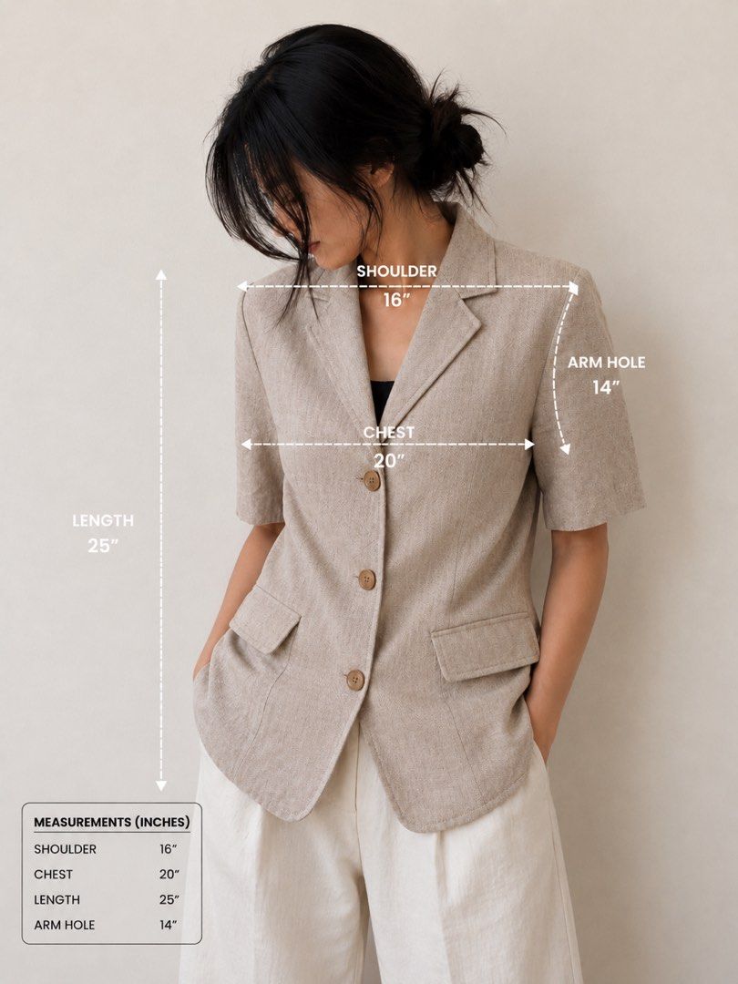 Cream Textured Short Blazer (Category: Coats, Jackets and Outerwear) located in Mexico. Submitted by studioleraph (Listing ID 1447603467, Image 2). Description: BLZ 03 - A 📏 Measurements (in inches): • Shoulder: 16 • Chest: 20 • Length: 25 • Armhole: 14 🫶 See Brand on Photo 🔥 The model photos are AI-generated for styling and fit visualization only. 👗 The actual item being sold is the original garment shown in the product photos. Small differe
