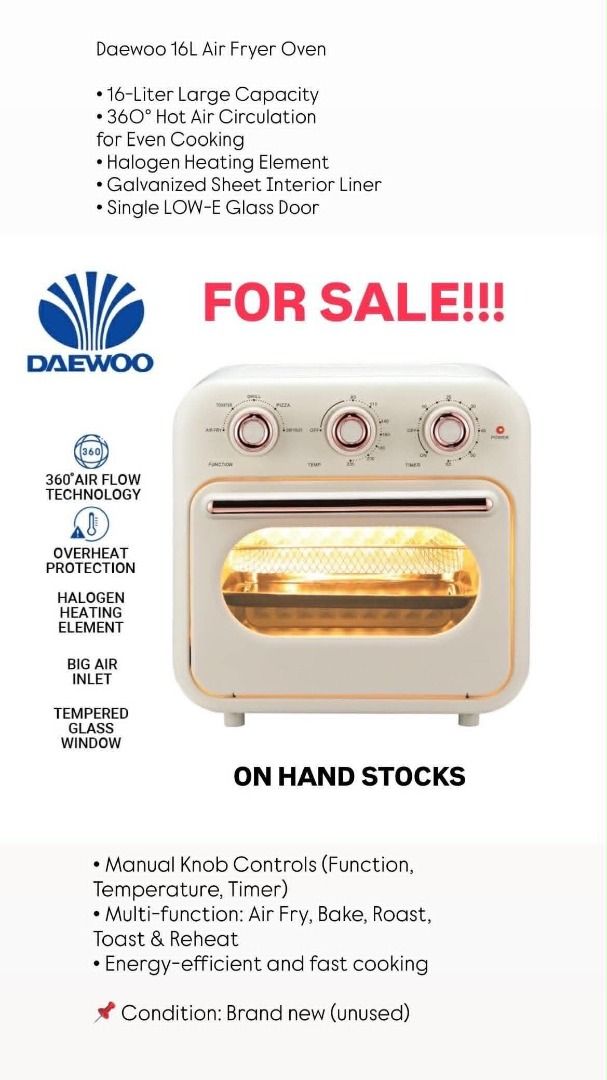 Daewoo Air Fryer Oven (Category: Bakeware) located in Manila. Submitted by justinpapa71144 (Listing ID 1447604848, Image 1). Description: Daewoo Air Fryer Oven marami po kaming stock mura na po yan sa mga mall nasa +4k po ang isa .