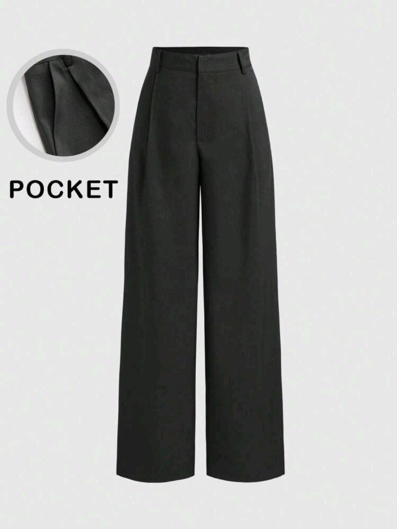 Dark Grey Wide Leg Trousers (Category: Other Bottoms) located in Kuala Lumpur. Submitted by hodorable (Listing ID 1447573786, Image 1). Description: - Dark grey wide leg trousers - High waisted with pleated front - Side pockets - Relaxed fit - Versatile for casual or work wear - Brand new, never worn - Flowy - Buy two for free shipping.