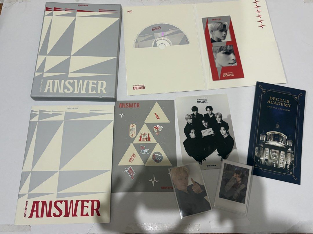 ENHYPEN DIMENSION : ANSWER Unsealed Albums (Category: CDs & DVDs) located in Manila. Submitted by rei.lia.thrifts (Listing ID 1447568689, Image 1). Description: - ENHYPEN DIMENSION: ANSWER Unsealed Album - Includes both versions (200 EA) - what’s in the photo is all the inclusions - mop: gcash only - mod: lalamove only (buyer will pay for sf) - selling within metro manila area only - rfs: decluttering/retired collector - loc: pandacan manila NO M