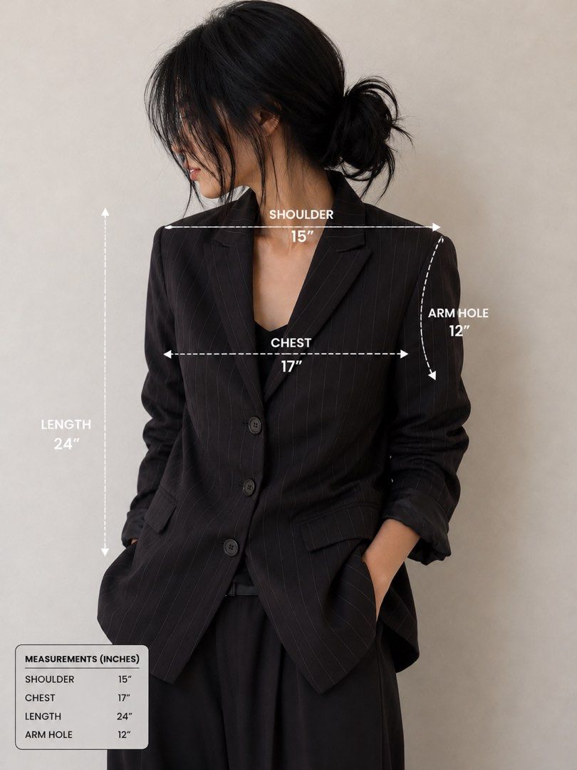 Gray Black Striped Blazer (Category: Coats, Jackets and Outerwear) located in Mexico. Submitted by studioleraph (Listing ID 1447602022, Image 2). Description: BLZ 02 - A 📏 Measurements (in inches): • Shoulder: 15 • Chest: 17 • Length: 24 • Armhole: 12 🫶 See Brand on Photo 🔥 The model photos are AI-generated for styling and fit visualization only. 👗 The actual item being sold is the original garment shown in the product photos. Small differenc