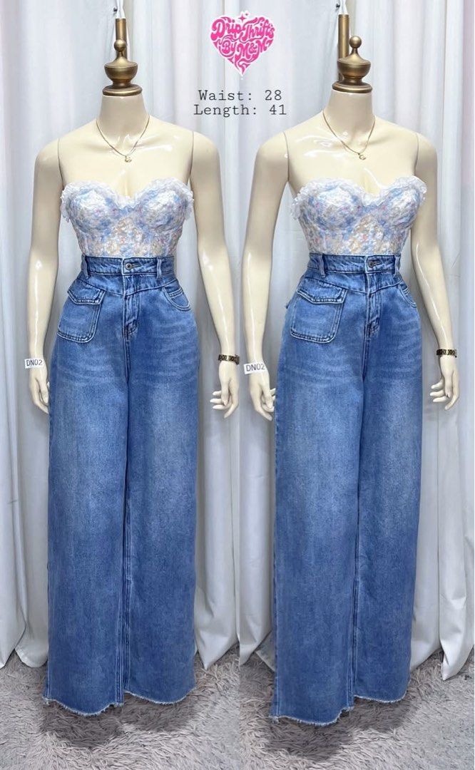 High Waisted Wide Leg Jeans (Category: Jeans) located in Mabalacat. Submitted by poljann (Listing ID 1447623435, Image 1). Description: - Light wash denim jeans - High waisted fit - Wide leg silhouette - Frayed hem detail - Waist: 28 inches - Length: 41 inches - Ideal for a casual outfit.