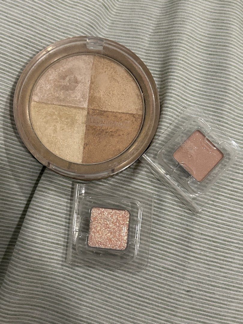 Highlighter/squad eyeshadow inserts (Category: Makeup) located in Makati City. Submitted by jennie195 (Listing ID 1447530797, Image 1). Description: - Jill Stuart illuminator palette with 4 shades. - Two bonus eyeshadows included: 1 shimmery pink, 1 matte rosy brown. - Perfect for highlighting and adding eye color. - All items in original plastic packaging..