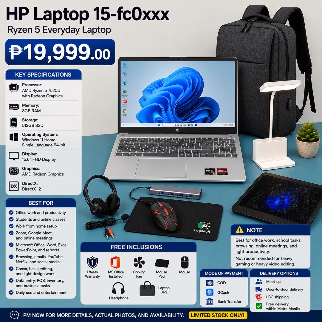 Hp 15 ( Ryzen 5 7000) (Category: Laptops & Notebooks) located in Manila. Submitted by 3jslaptopshop (Listing ID 1447492161, Image 1). Description: 📌 HP Laptop 15-fc0xxx 💻 Ryzen 5 Everyday Laptop Specifications: ✅ Processor: AMD Ryzen 5 7520U with Radeon Graphics ✅ Memory: 8GB RAM ✅ Storage: 512GB SSD ✅ Operating System: Windows 11 Home Single Language 64-bit ✅ Display: 15.6” FHD Display ✅ Graphics: AMD Radeon Graphics ✅ DirectX: DirectX 12 Best
