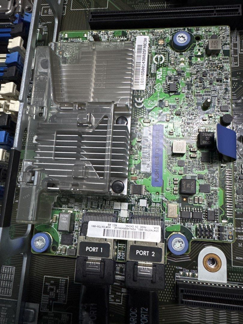 HPE smart Array P440ar (Category: Computer Parts) located in Petaling Jaya. Submitted by prakashs (Listing ID 1447653102, Image 1). Description: - Server motherboard component - Features 2 SATA ports (labeled PORT 1 and PORT 2) - Includes heatsinks for cooling - Pulled from a server system - Sold as is.