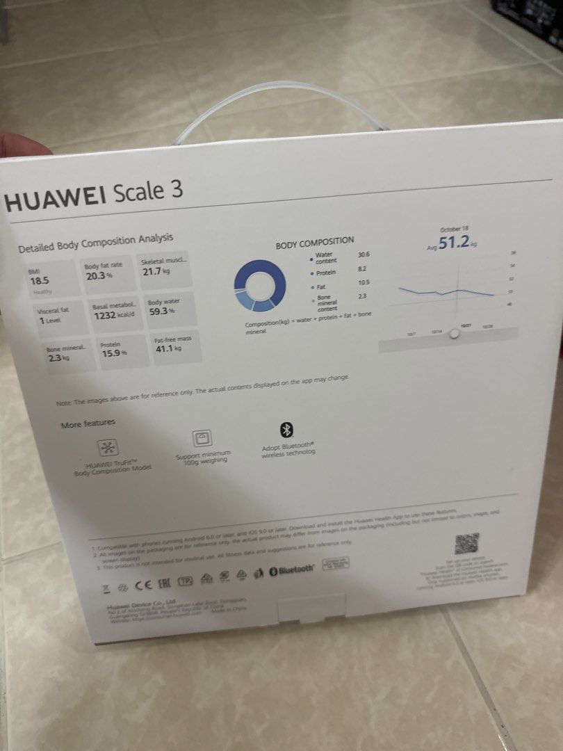 HUAWEI Scale 3 Detailed Body Composition Analysis Bluetooth (Category: Health Monitors & Weighing Scales) located in Cheras. Submitted by Ecollection (Listing ID 1447635899, Image 2). Description: - HUAWEI Scale 3 for comprehensive body composition analysis. - Tracks key metrics: body fat, skeletal muscle, body water, and more. - Connects easily via Bluetooth. - Get detailed health insights right in your home. - Simple to use and understand your 