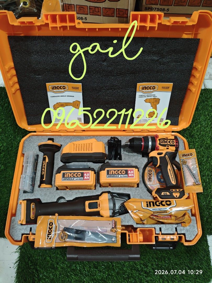 INGCO Cordless Brushless Angle Grinder & Impact Drill Combo Kit (CKLI2025610) (Category: Construction Tools & Equipment) located in Caloocan City. Submitted by abieghail (Listing ID 1447490055, Image 3). Description: INGCO Cordless Brushless Angle Grinder & Impact Drill Combo Kit (CKLI2025610) Cordless Angle Grinder Specs.: Voltage: 20V Model: CAGLI212023 Brushless Motor Max input power: 1200W No-load speed:3000/6000/9000rpm Disc diameter: 100mm 