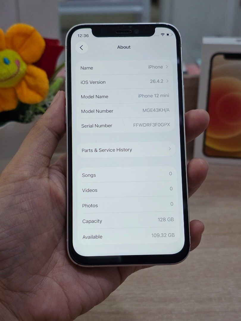 IPHONE 12mini 128GB 100%BH PASS SWAP (Category: iPhone 12 Series) located in Rizal. Submitted by bheviers14 (Listing ID 1447483596, Image 3). Description: IPHONE 12mini 128GB 100% battery health Factory unlocked All working ✅️ Test to sawa ntc approved WIth original box (no accessories) No issue performance CHANGE BATT & LCD ISSUE: MINIMAL DENTS,SCRATCH SCREEN NO SWAP Store location: Cityland grand central residences mandaluyong Ground-floor unit