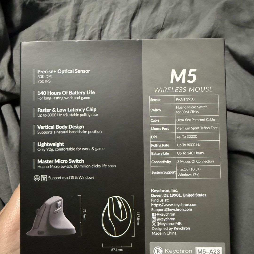 Keychron M5 Wireless Mouse (Category: Mouse & Mousepads) located in Quezon City. Submitted by dmdmdmdm (Listing ID 1447513043, Image 3). Description: - Keychron M5 Wireless Mouse - Ergonomic vertical design for natural handshake - High-precision 30K DPI optical sensor - Extended battery life: Up to 140 hours - Lightweight build: Only 92g - Compatible with macOS and Windows - Includes unused USB-C cable and dongles/receiver - Bought from Datablitz