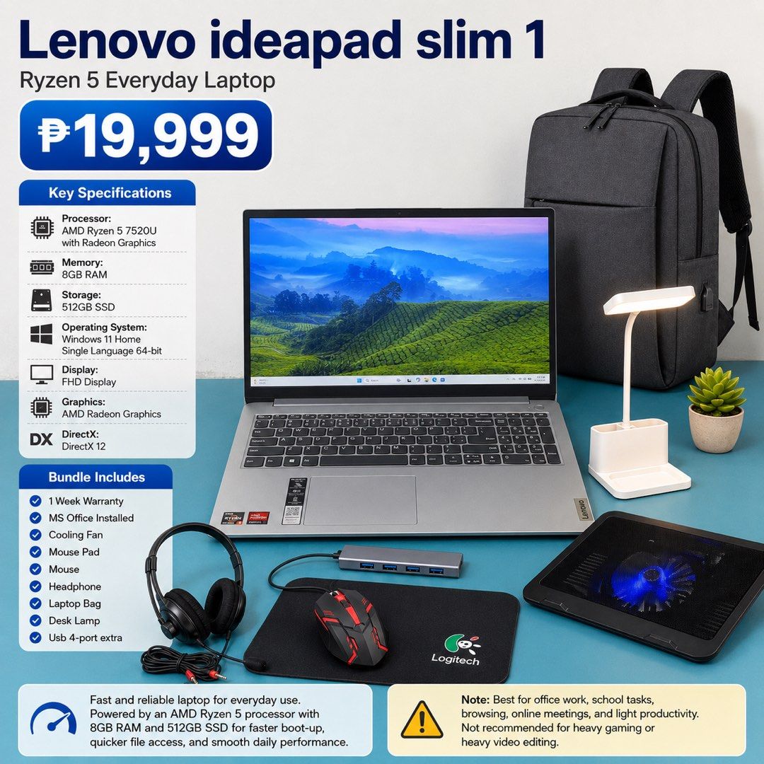 Lenovo ideapad slim 1 (Category: Laptops & Notebooks) located in Manila. Submitted by 3jslaptopshop (Listing ID 1447496058, Image 1). Description: 📌 Lenovo ideapad slim 1 💻 Ryzen 5 Everyday Laptop 💰₱19,999.00 Specifications: ✅ Processor: AMD Ryzen 5 7520U with Radeon Graphics ✅ Memory: 8GB RAM ✅ Storage: 512GB SSD ✅ Operating System: Windows 11 Home Single Language 64-bit ✅ Display: FHD Display ✅ Graphics: AMD Radeon Graphics ✅ DirectX: Direct