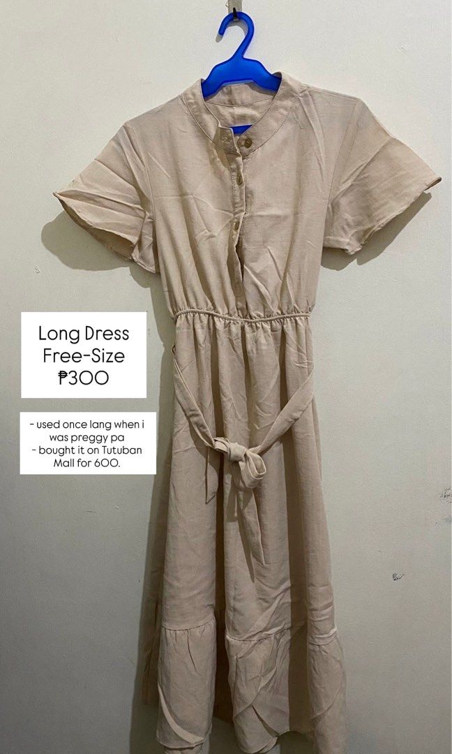 Long Dress Free-Size Beige (Category: Dresses) located in Manila. Submitted by acireeeeeeee (Listing ID 1447664283, Image 1). Description: - Beige long dress - Free size - Includes tie belt - Worn only once (during pregnancy) - Original price: P600 - Selling price: P300 - Ideal for casual wear or expecting moms.