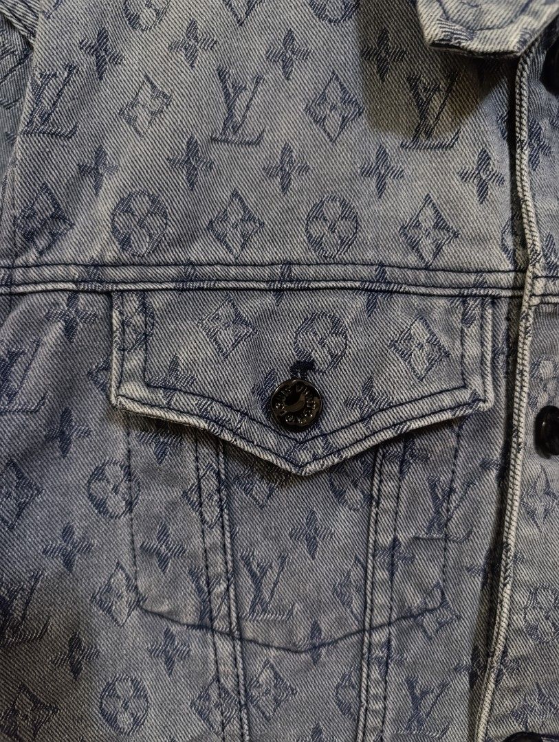Louis Vuitton Monogram Denim Jacket (Category: Luxury Apparel) located in Manila. Submitted by josh_thrift_21 (Listing ID 1447575290, Image 3). Description: - Classic Louis Vuitton monogram denim jacket - Button-up front closure - Two chest pockets -W24 /26.5L DIMENSIONS .