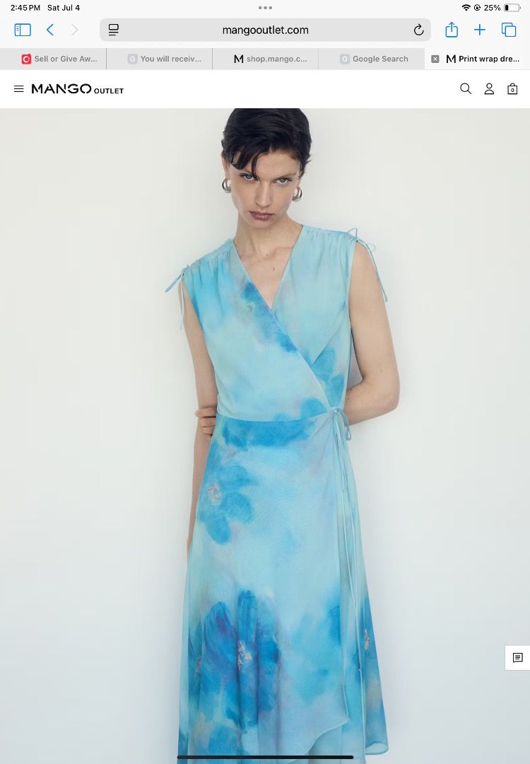 Mango dress ( italian fabric) (Category: Dresses) located in Manila. Submitted by 123wazelanne123 (Listing ID 1447532723, Image 1). Description: - Brand: Mango - Material: Italian Fabric - Color: Blue watercolor print - Style: Wrap dress - Size: S (EUR 36 / US 4 / MEX 4) - Features: Flowy, lightweight, adjustable tie waist, ruched sleeves - Condition: Excellent - can fit up to medium - bouth for 3890.