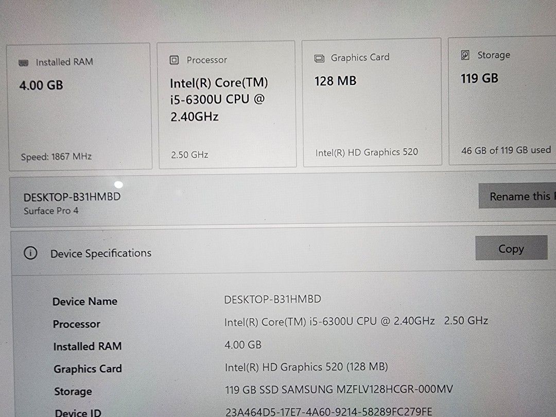 Microsoft Surface Pro 4 Tablet Intel core i5 (Category: Laptops & Notebooks) located in Manila. Submitted by al.rey (Listing ID 1447596705, Image 3). Description: - Microsoft Surface Pro 4 - Intel Core i5-6300U @ 2.40GHz - 4GB RAM - 128 GB SSD Storage - Intel HD Graphics 520 - Ideal for work or school - Tested and working issue: disabled touch screen everything else is working Thank you..