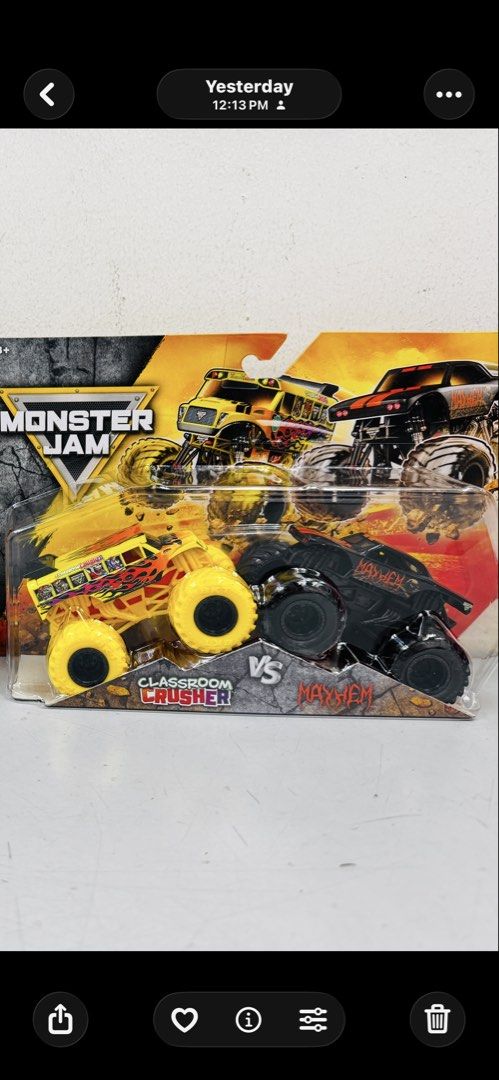 Monster Jam Classroom Crusher vs Mayhem Toy Trucks (Category: Vehicle & Diecast Models) located in Malabon City. Submitted by wilbert.te (Listing ID 1447515903, Image 1). Description: - Set includes Classroom Crusher and Mayhem Monster Jam trucks. - Both trucks are brand new and in their original packaging. - Ideal for Monster Jam enthusiasts. - Great for playtime or adding to a collection..