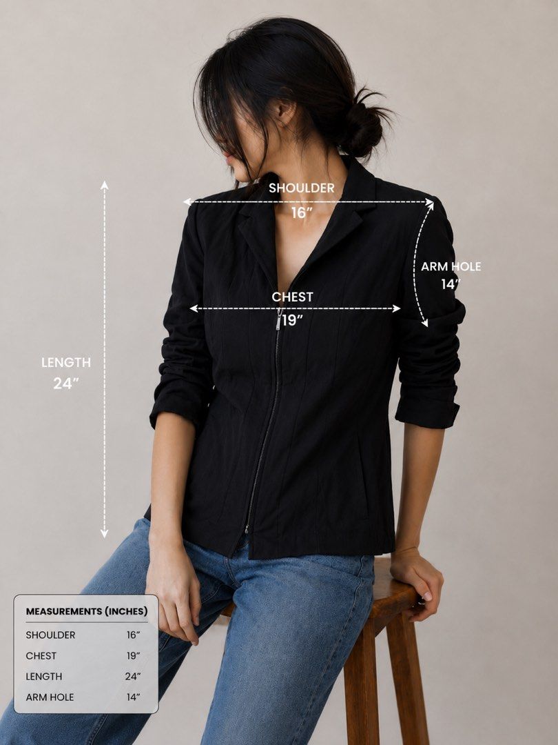 Navy Blue Blazer Jacket (Category: Coats, Jackets and Outerwear) located in Mexico. Submitted by studioleraph (Listing ID 1447601517, Image 2). Description: BLZ 01 - A 📏 Measurements (in inches): • Shoulder: 16 • Chest: 19 • Length: 24 • Armhole: 14 🫶 See Brand on Photo 🔥 The model photos are AI-generated for styling and fit visualization only. 👗 The actual item being sold is the original garment shown in the product photos. Small differences