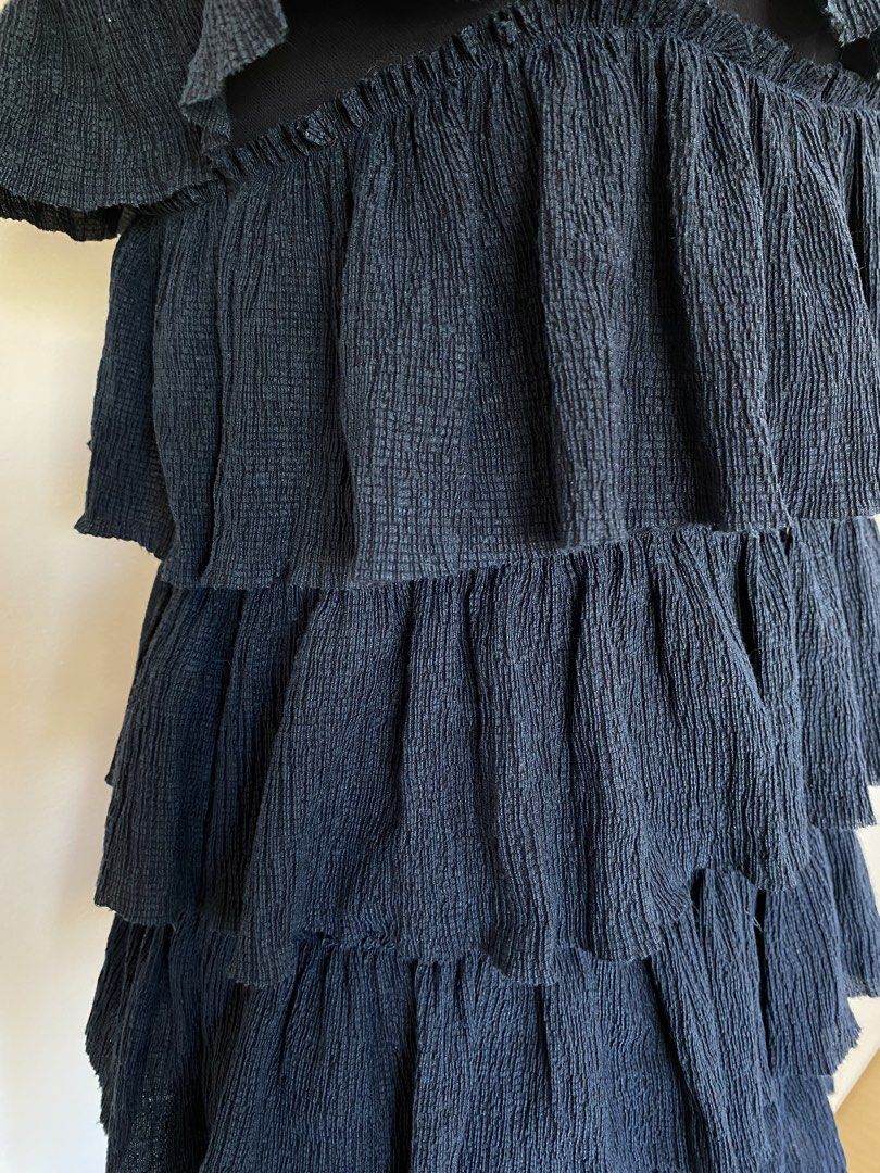 Navy Blue Tiered Ruffle Cold Shoulder Dress (Category: Dresses) located in Santa Rosa. Submitted by summerbrunch (Listing ID 1447470078, Image 3). Description: BUY WORTH 1K, GET FREE SHIPPING! EXCEPT FOR STROLLER BAG Mannequin size: MEDIUM Has side zipper super chic!! with full inner lining - Navy blue dress - Multiple tiers of ruffles - Cold shoulder design - Adjustable straps - Side zipper closure - Crinkled fabric texture - Ideal for parties o
