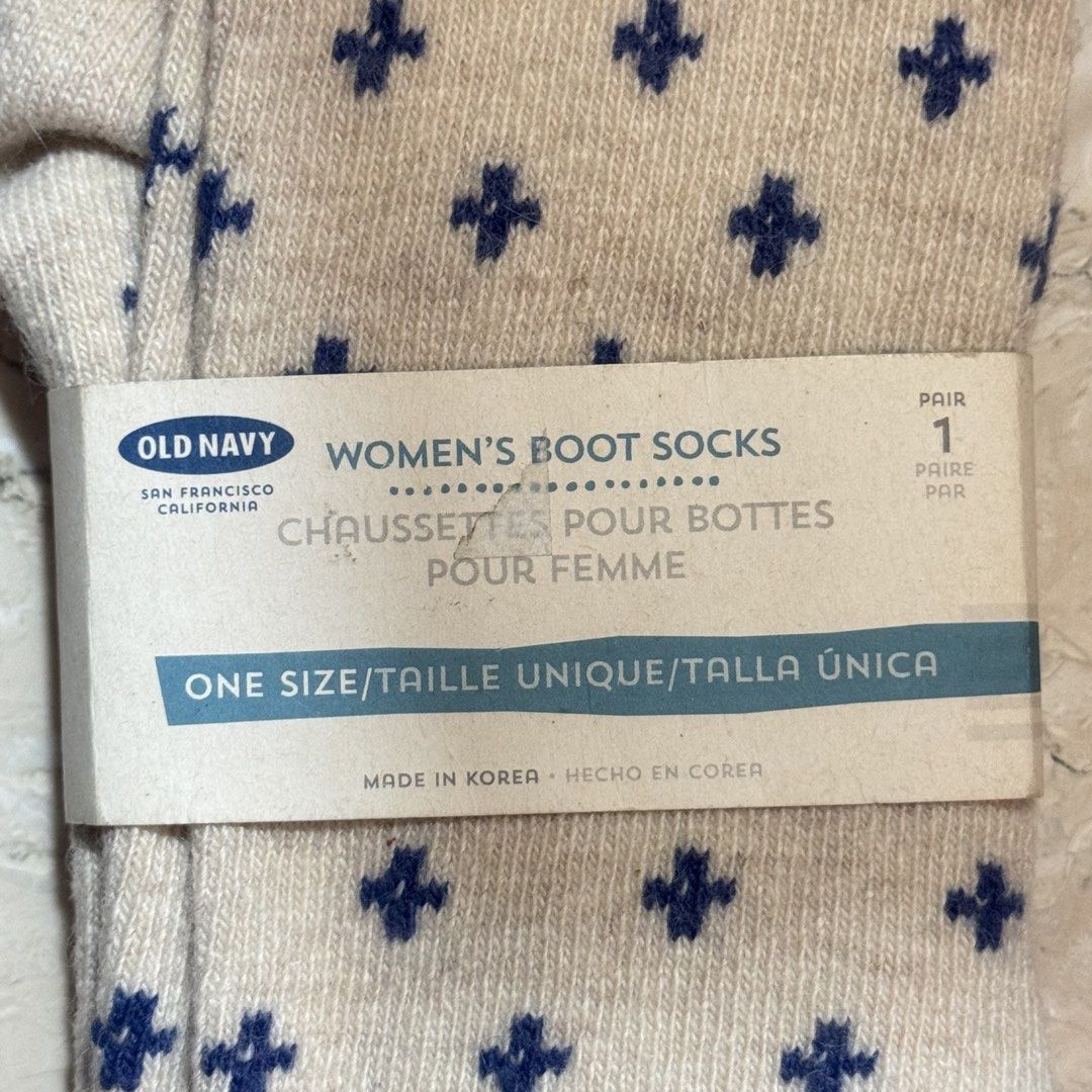 Old Navy Women's Boot Socks - One Size (Category: Socks & Tights) located in Quezon City. Submitted by EveryWANTShop (Listing ID 1447575757, Image 3). Description: - Cream colored boot socks from Old Navy - Features a cute navy blue cross pattern all over - Cuffs have a red and blue striped pattern - Made in Korea - One size fits most - Ideal for wearing with boots during fall and winter.