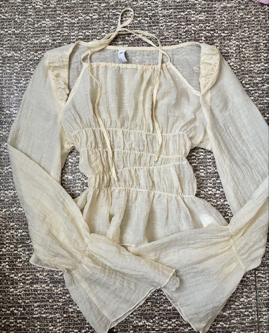 Sheer White Bell Sleeve Smocked Top (Category: Blouses) located in Cabanatuan. Submitted by shallalaks (Listing ID 1447507676, Image 2). Description: Xxs - S.
