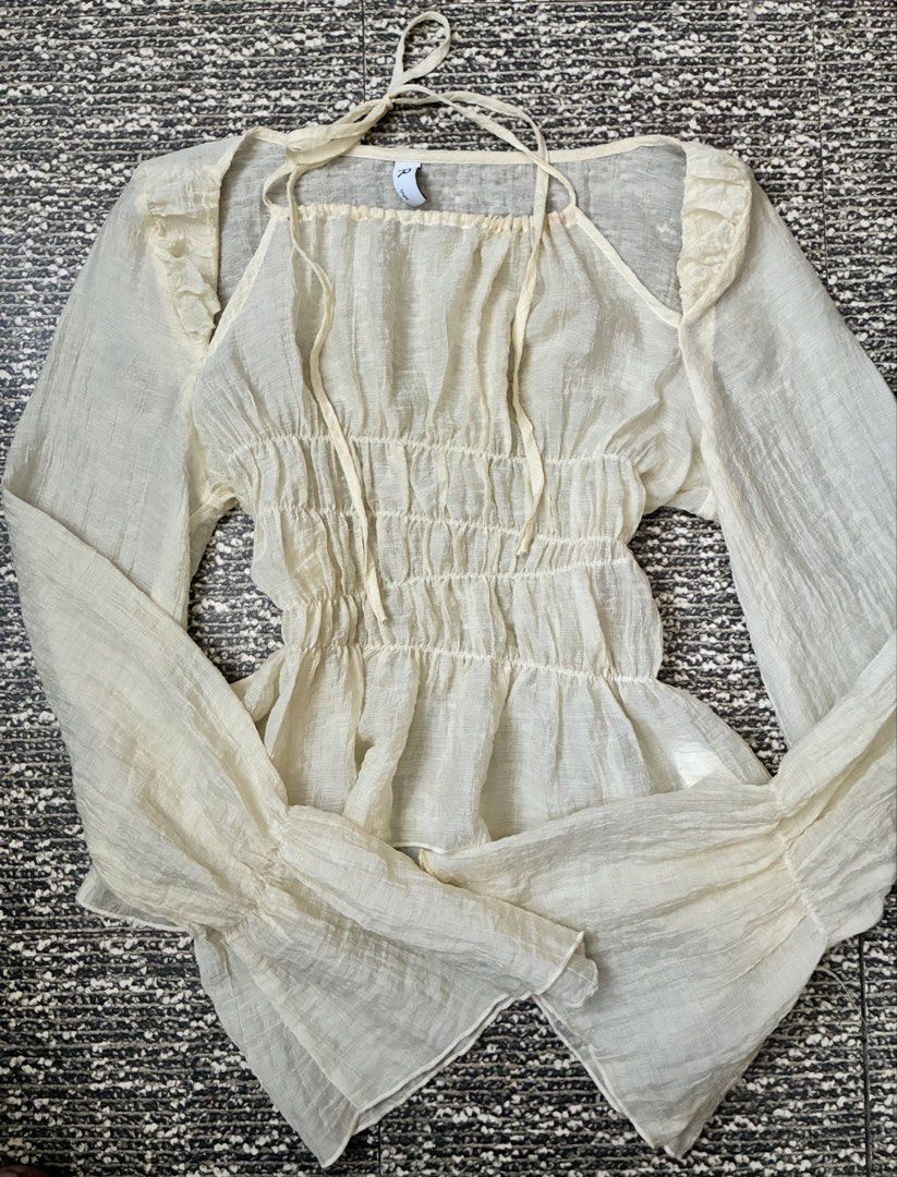 Sheer White Bell Sleeve Smocked Top (Category: Blouses) located in Cabanatuan. Submitted by shallalaks (Listing ID 1447507676, Image 1). Description: Xxs - S.