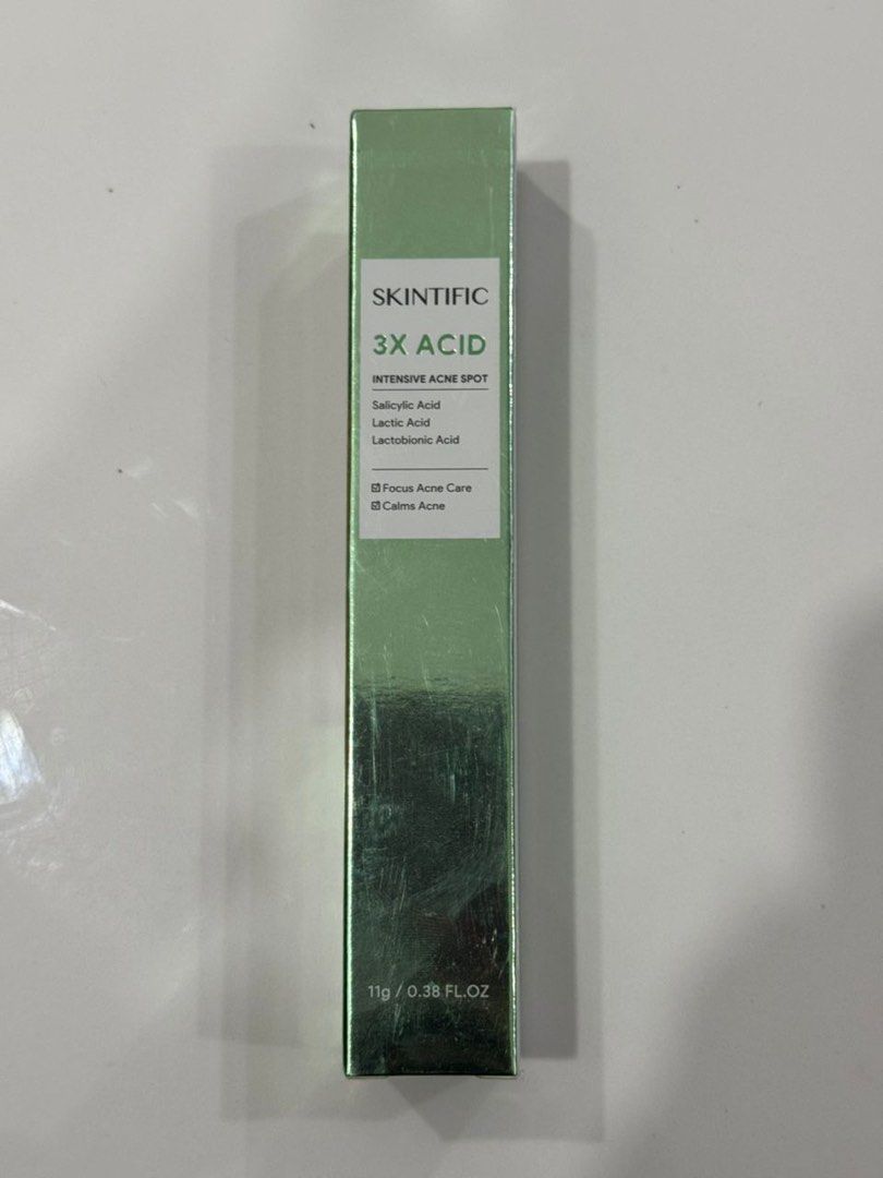 SKINTIFIC 3X ACID Intensive Acne Spot Treatment (Category: Face Care) located in Klang. Submitted by fazirarahmat (Listing ID 1447479380, Image 1). Description: - SKINTIFIC 3X ACID Intensive Acne Spot Treatment - Size: 11g / 0.38 FL.OZ - Key Ingredients: Salicylic Acid, Lactic Acid, Lactobionic Acid - Benefits: Intensive acne care, calms acne and breakouts.