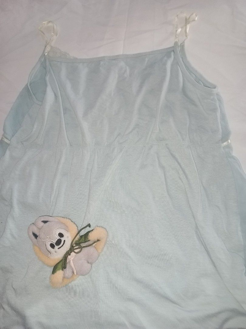 Sleep wear top (Category: Coats, Jackets and Outerwear) located in Antipolo. Submitted by cheezeka (Listing ID 1447482782, Image 2). Description: size: Medium to Large color: something na baby blue issue: may mga konting himulmol lang sa cotton adjustable strap.