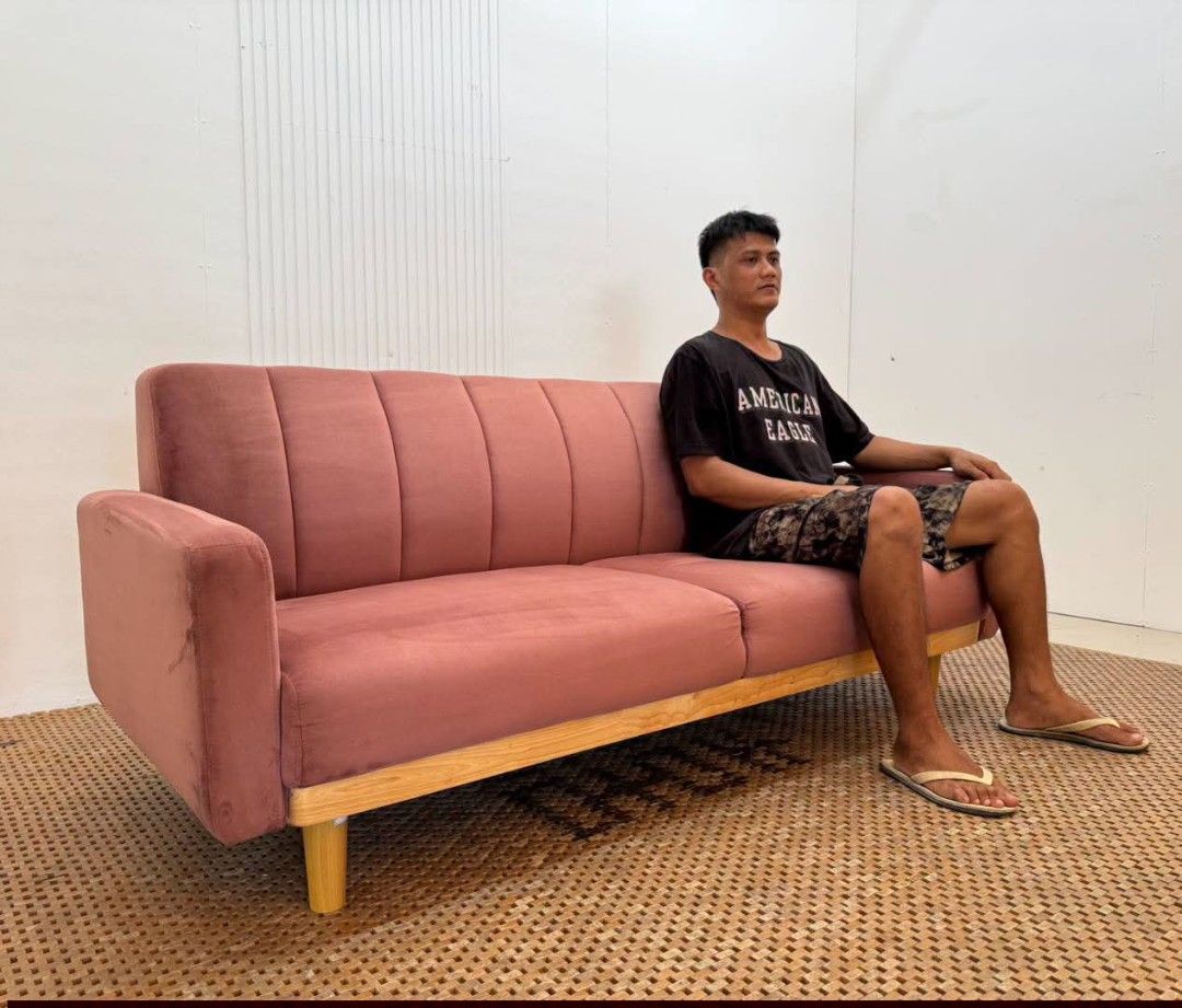Sofa (Category: Sofas) located in Meycauayan. Submitted by marygracecasimiro (Listing ID 1447650405, Image 3). Description: Modern Pink Sofa with Wood Frame Price: 18,500 L68.5 x W28 x H29/15 In good condition♥️.