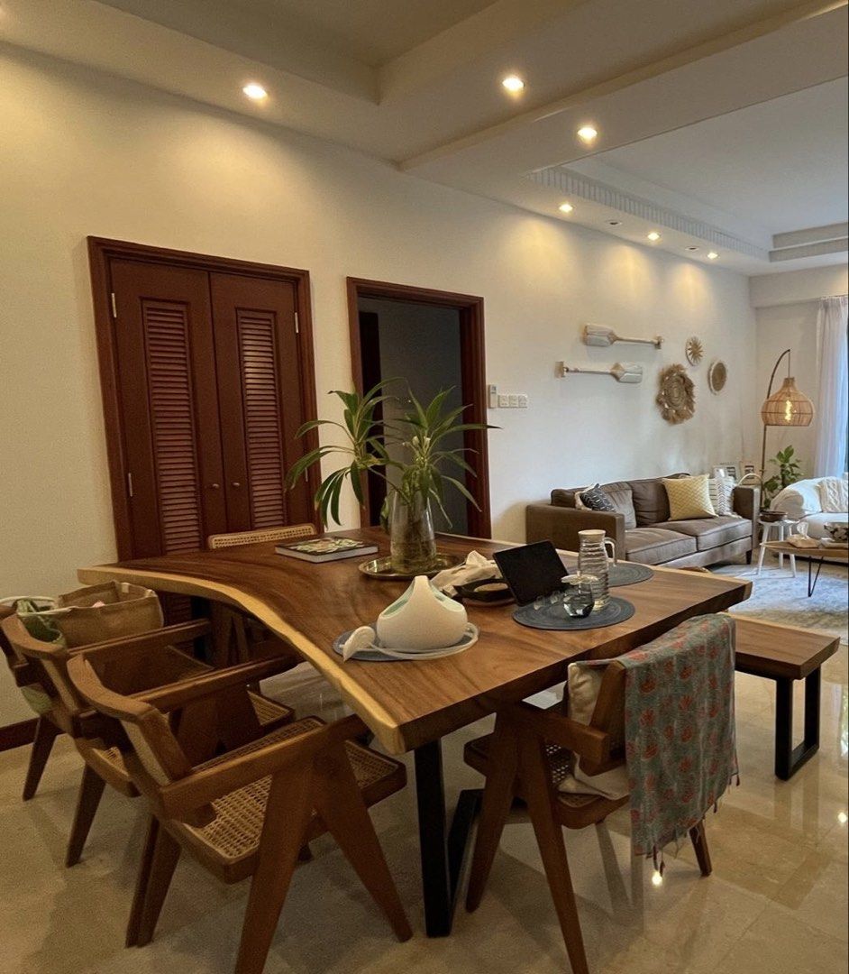 Solid Wood Dining Table Set (Category: Tables & Sets) located in Singapore. Submitted by aleks.yo (Listing ID 1447553189, Image 2). Description: Beautiful solid wood dining table with matching bench and 5 rattan chairs, 4yo. Treated with beeswax twice a year. Seats comfortably 5-8 people. 2.2m x 1.35m Original price 4K, still have the receipt..