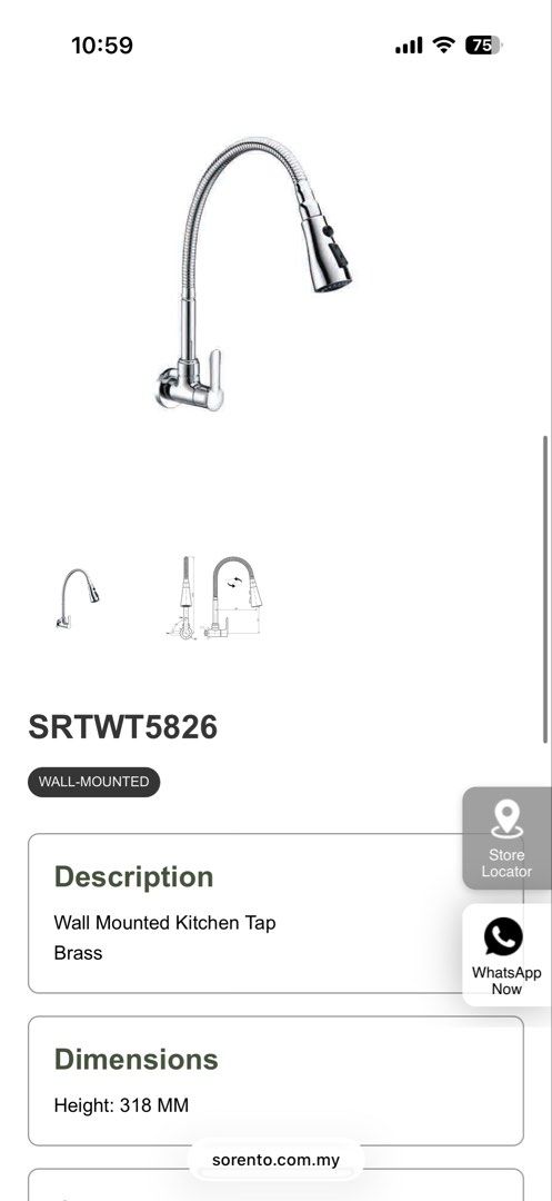 SORENTO SRTWT5826 Wall Mounted Kitchen Tap Brass Flexible Hose (Category: Bathroom & Kitchen Fixtures) located in Ampang. Submitted by kw______ (Listing ID 1447490257, Image 2). Description: - Wall-mounted kitchen tap - Model: SRTWT5826 - Material: Brass - Features: Flexible hose for easy reach - Height: 318mm - Ideal for kitchen use.