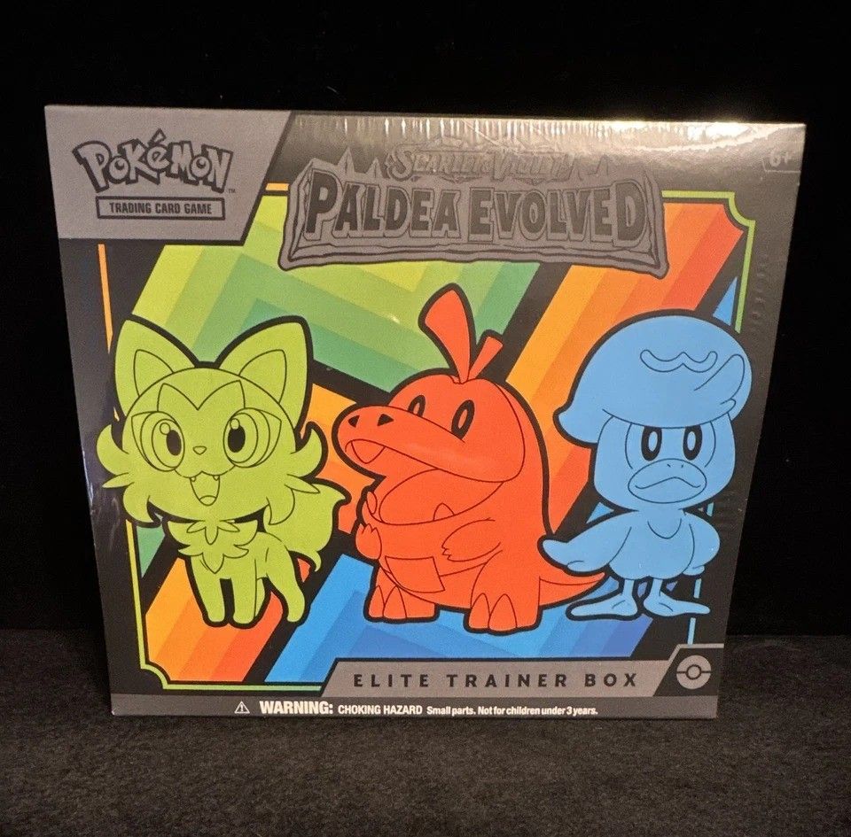 The Pokémon TCG: Scarlet & Violet Paldea Evolved Elite Trainer Box 劍盾 帕底亞進化 精英訓練家盒 原盒 有膜 （分類：盒子及箱子）位於 Hong Kong。 由 852ardee 提交（商品編號 1447506560，圖片 1）。簡介： 寶可夢集換式卡牌遊戲：「朱與紫 帕底亞進化」精英訓練家禮盒 包含： 9包寶可夢「朱與紫 帕底亞進化」補充包集換式卡牌遊戲 1張比卡超閃光特典卡 65個印有新葉喵、呆火鱷和潤水鴨圖案的卡套 45張寶可夢集換式卡牌遊戲能量卡 1本「朱與紫 帕底亞進化」系列玩家指南 6顆傷害指示物骰子 1顆符合比賽規則的擲硬幣骰子 2個塑膠狀態指示物 1個用於收納所有物品的收藏盒（附4個分隔板） 1張《寶可夢集換式卡牌遊戲 Live》兌換碼卡 The Pokémon TCG: Scarlet & Violet Paldea Evolved Elite Trainer Box includes: 9 Pokém
