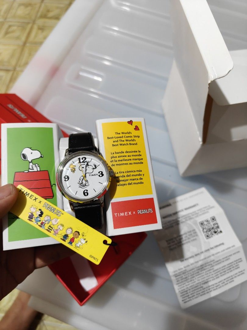 Timex x Peanuts Watch TW2Y19900 (Category: Women's Watches) located in Cebu City. Submitted by jayrasplico (Listing ID 1447588145, Image 1). Description: - Timex x Peanuts collaboration watch - Features iconic Snoopy design on the dial - Comes with original box and warranty card card - Black leather strap for a classic look - Ideal for any Peanuts enthusiast - Original Retail Price: P 10,795.00 -Selling for 5,000 only. For Sale: Peanuts x Timex C