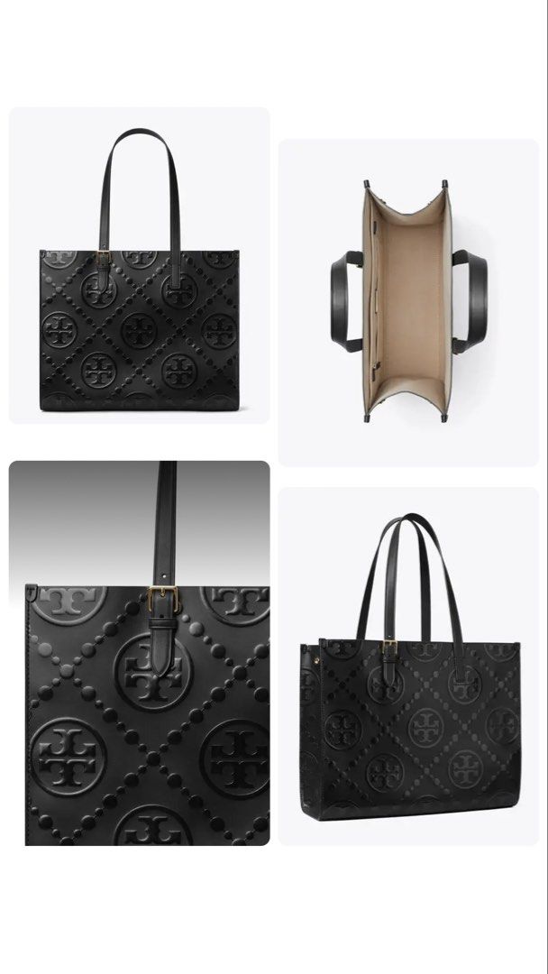 Tory Burch Tote Bag Black Embossed Leather (Category: Luxury Bags & Wallets) located in Makati City. Submitted by jamesshoppe (Listing ID 1447510110, Image 1). Description: • Height: 12.4" (31.5cm), length: 15.8" (40cm), depth: 5.9" (15cm) • Fits a laptop up to 15" • Napa leather • Microfiber lining with a suede-like finish • Snaps on gussets • Adjustable buckled shoulder straps with 10.2" (26cm) drop • 1 interior slit pocket on zipper pocket • D