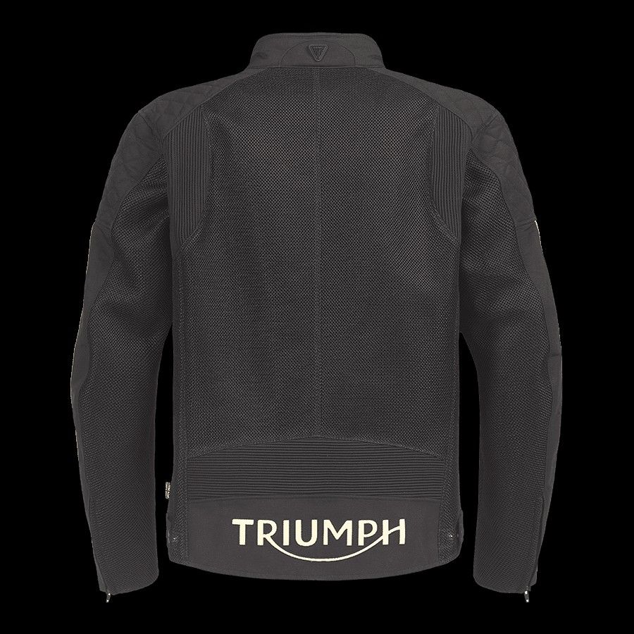 Triumph Motorcycle Mesh Riding Jacket (Category: Coats, Jackets and Outerwear) located in Mandaluyong City. Submitted by pj.pj2 (Listing ID 1447569097, Image 3). Description: - Triumph black mesh riding jacket - Quilted shoulder panels - Red and white stripe accents on sleeves - Full zip front with snap collar closure - Ideal for warm weather riding - Features Triumph logo on the back rfs too large for me. negotiable .