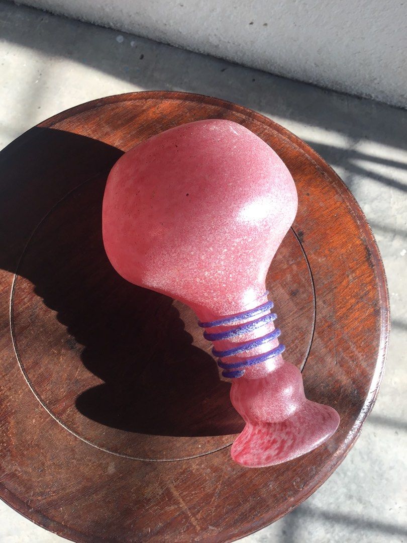 Vintage Murano Style Seguso Scavo Hand Blown Guava Pink Artisan Glass Vase with Blue Threading. (Category: Vases & Decorative Bowls) located in Kuala Lumpur. Submitted by gagalamblamb_1974 (Listing ID 1447593860, Image 3). Description: - Measurements: Approximately 7” height. - Hand Blown. - Mid Century item. - Good used condition without chips nor cracks. Refer photos as part of the item’s description. - Item sold as it is..