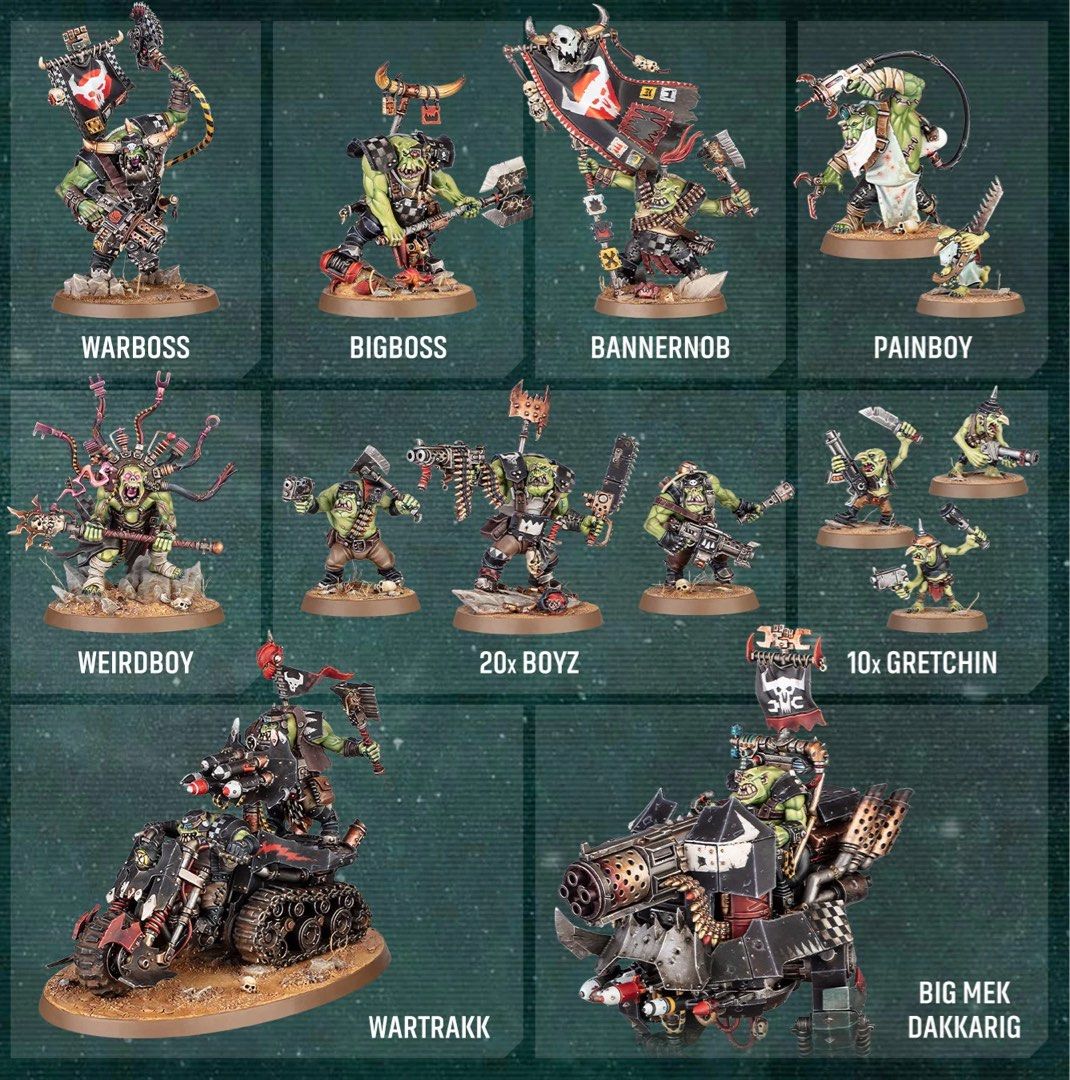 Warhammer 40k Armageddon Orks Half (Category: Gundam & Model Kits) located in Makati City. Submitted by carlooshima (Listing ID 1447476596, Image 1). Description: - Unassembled Warhammer 40,000 Armageddon Orks Half - New on Sprue with Bases, original Games Workshop products - Ideal for starting or expanding an Ork army - Includes: Warboss, Bigboss, BannerNob, Painboy, Weirdboy, 20 Boyz, 10 Gretchin, Wartrakk, and Big Mek Dakkajak -11th Edition.