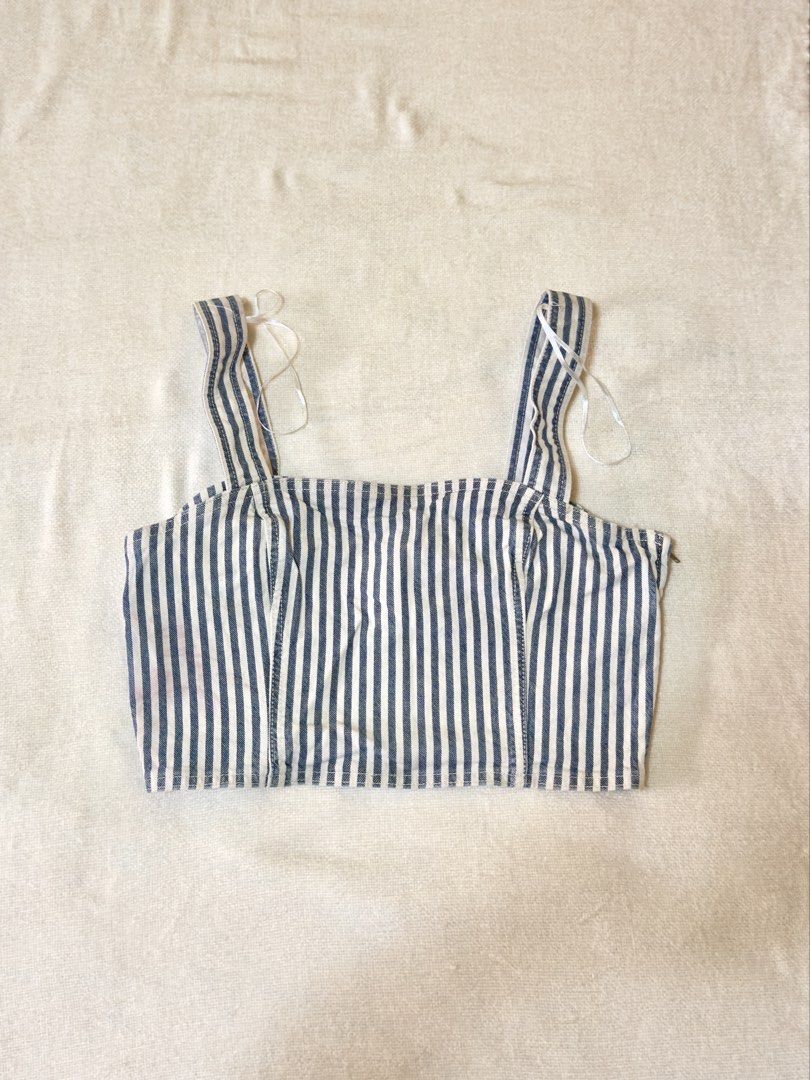 Zara Striped Denim Crop Top (Category: Sleeveless) located in Iloilo. Submitted by hellodindi (Listing ID 1447666166, Image 1). Description: XL on tag, best fits M. Zipper back.