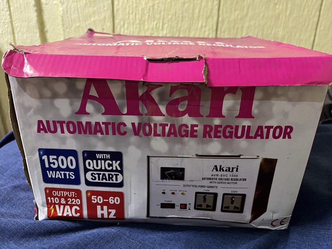 Akari AVR-SVC 1500W Voltage Regulator BRANDED (Category: Lighting) located in Quezon City. Submitted by dlarej123 (Listing ID 1431541341, Image 3). Description: - Akari AVR-SVC 1500 Automatic Voltage Regulator - 1500 Watts Output Power - Outlets: 220V and 110V 2,500 na lang. RFS: wala na 110v na gamit. may isang 110v at apat na saksakan for 220V SRP OF THIS AVR IS 4,999 .