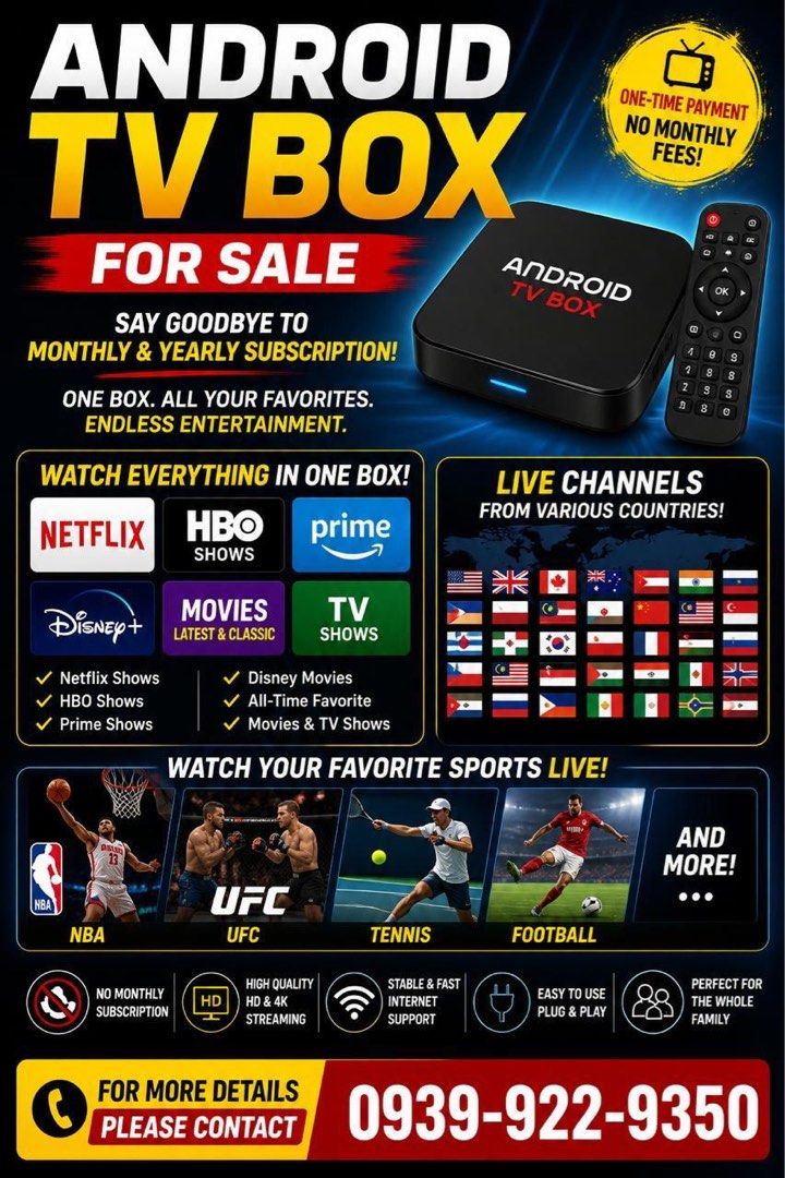 Programmed TV BOX (Category: TV) located in Paranaque City. Submitted by rehan_0702 (Listing ID 1447788699, Image 1). Description: - Say goodbye to monthly subscriptions! - Enjoy endless entertainment with Netflix, HBO, Prime, Disney+, movies, and TV shows. - Watch live channels from various countries. - Stream your favorite sports: NBA, UFC, Tennis, Football, and more. - High quality HD & 4K streaming. - Stable internet support. - Easy plug & pl